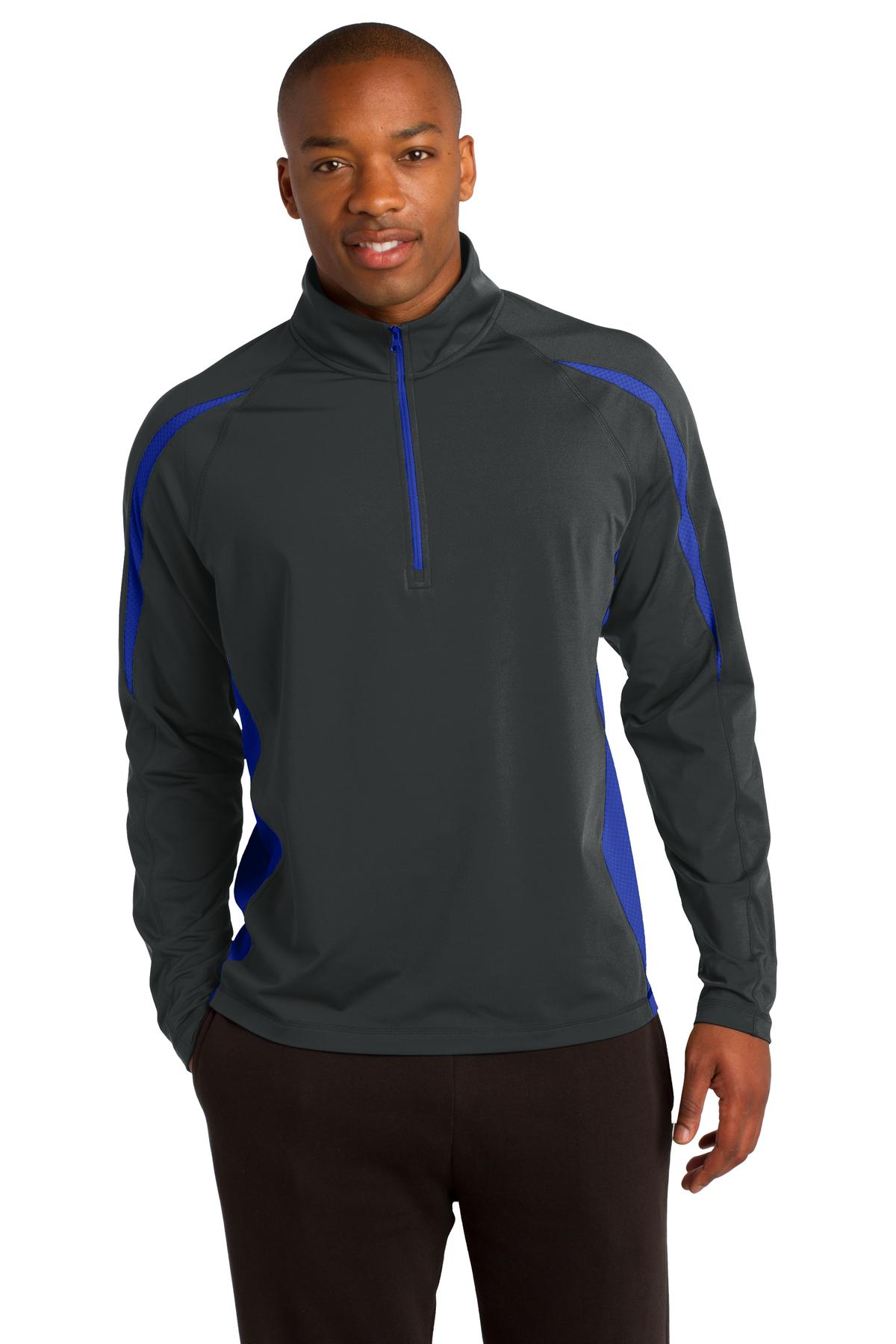 Sport-Tek ST851 Sport-Wick Stretch 1/2-Zip Colorblock Pullover T-Shirt in Charcoal Gray/True Royal Blue size XL | Polyester/Spandex Blend