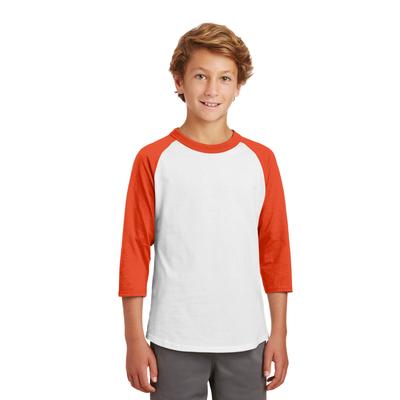 Sport-Tek YT200 Youth Colorblock Raglan Jersey T-Shirt in White/Deep Orange size Small | Cotton