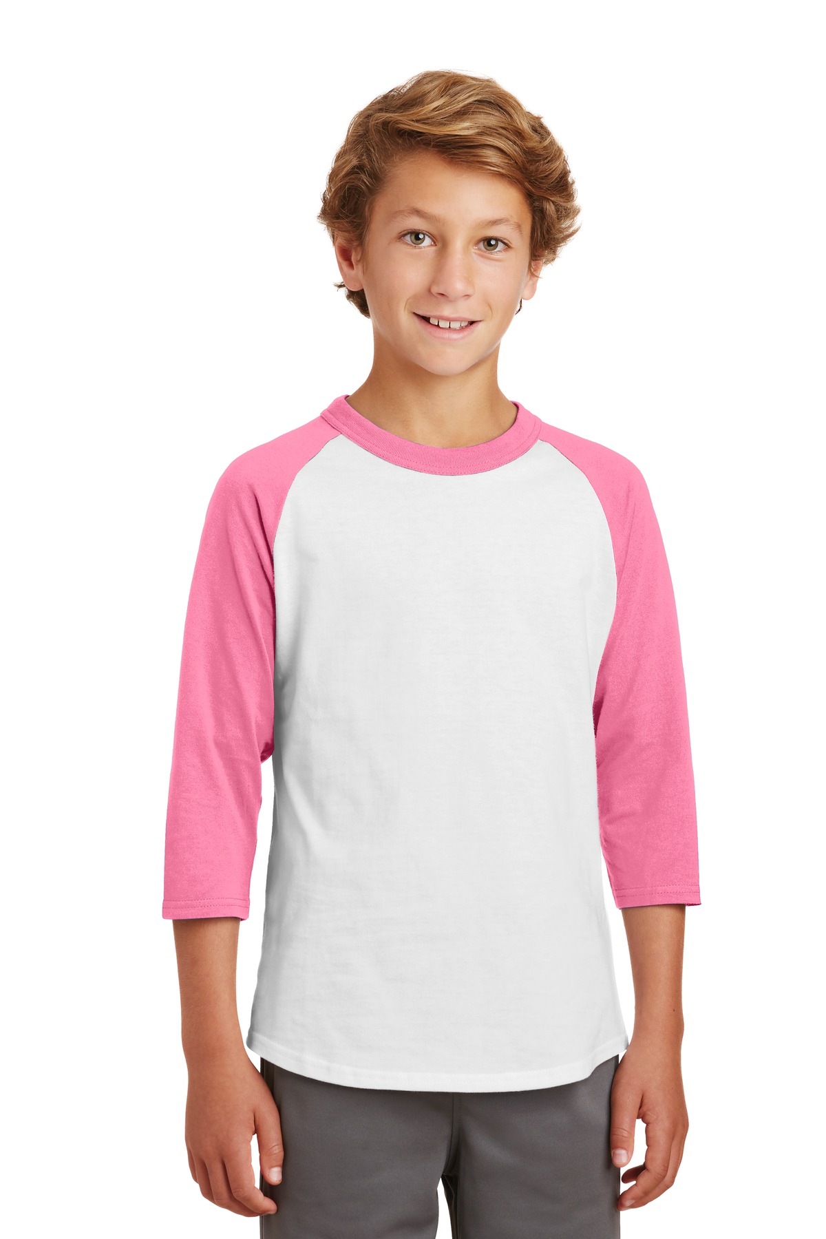 Sport-Tek YT200 Youth Colorblock Raglan Jersey T-Shirt in White/Bright Pink size XS | Cotton