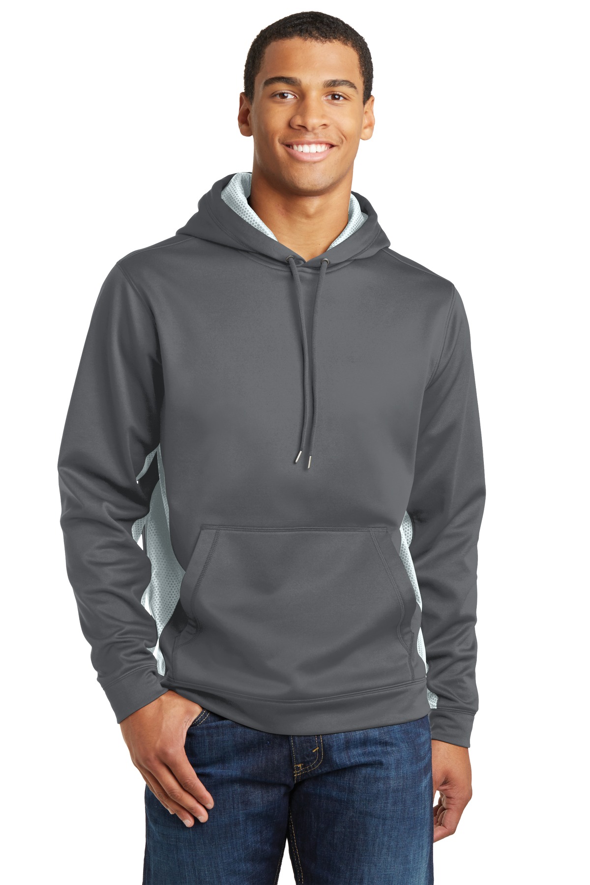 Sport-Tek ST239 Sport-Wick CamoHex Fleece Colorblock Hooded Pullover T-Shirt in Dark Smoke Gray/White size Medium | Polyester
