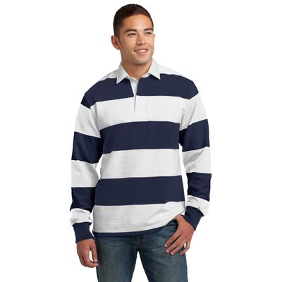 Sport-Tek ST301 Classic Long Sleeve Rugby Polo Shirt in True Navy Blue/White size 4XL | Cotton