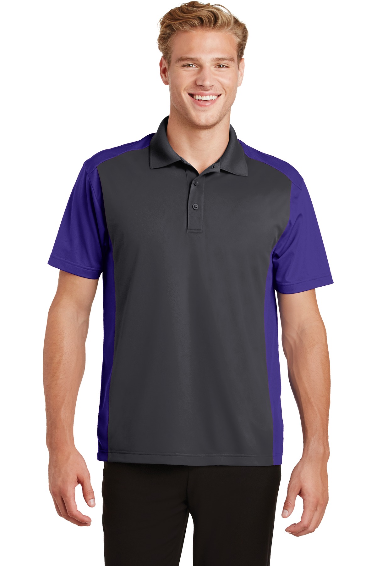 Sport-Tek ST652 Colorblock Micropique Sport-Wick Polo Shirt in Iron Gray/Purple size XL | Polyester