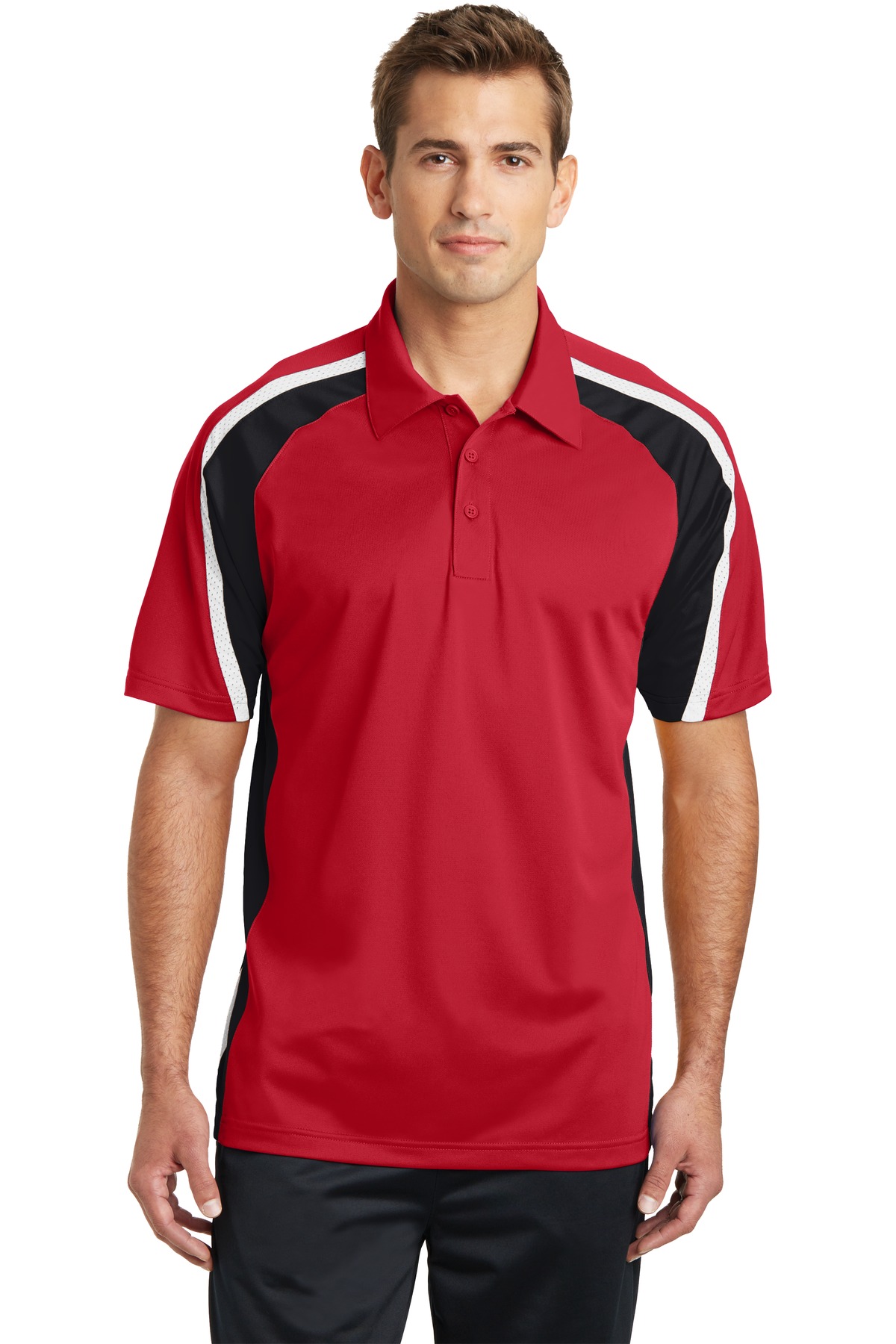 Sport-Tek ST654 Tricolor Micropique Sport-Wick Polo Shirt in True Red/Black/White size Small | Mesh