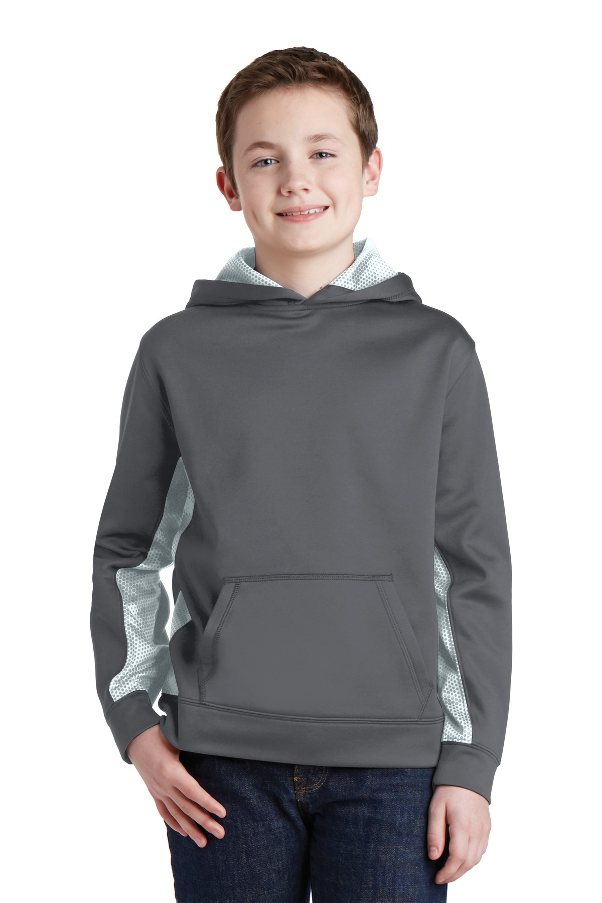 Sport-Tek YST239 Youth Sport-Wick CamoHex Fleece Colorblock Hooded Pullover T-Shirt in Dark Smoke Gray/White size Large | Polyester
