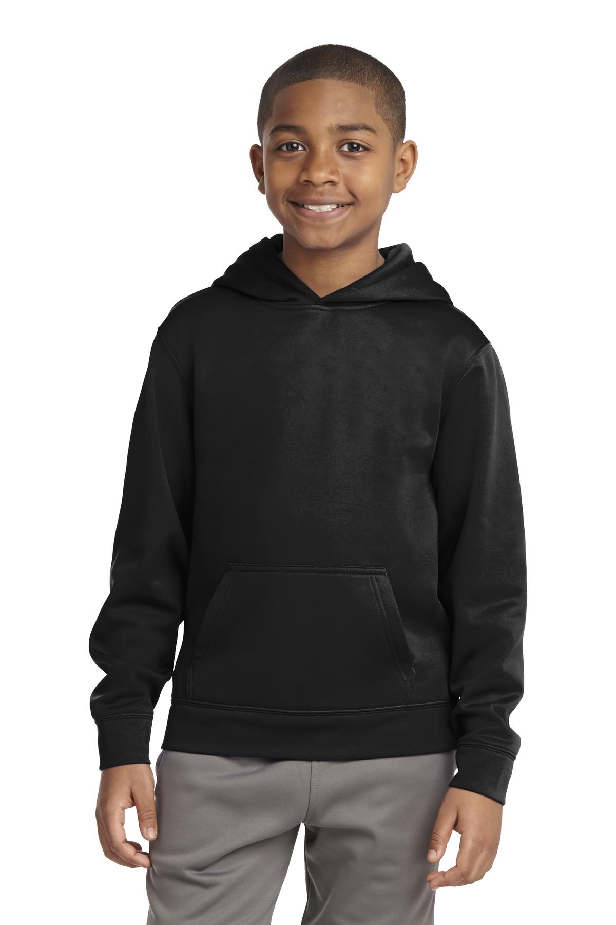 Sport-Tek YST244 Youth Sport-Wick Fleece Hooded Pullover T-Shirt in Black size XL | Polyester