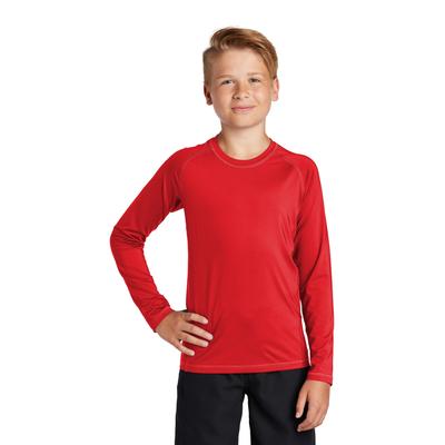 Sport-Tek YST470LS Athletic Youth Long Sleeve Rashguard Top in True Red size Medium | Polyester/Spandex Blend