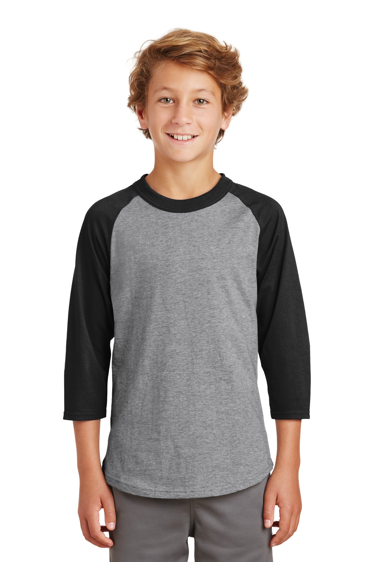Sport-Tek YT200 Youth Colorblock Raglan Jersey T-Shirt in Heather Gray/Black size Small | Cotton
