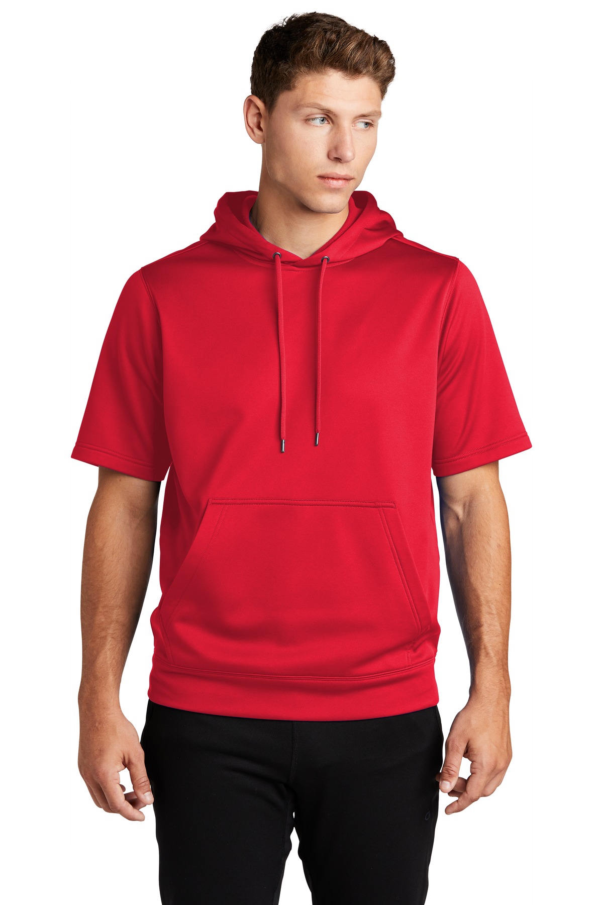 Sport-Tek ST251 Sport-Wick Fleece Short Sleeve Hooded Pullover T-Shirt in Deep Red size Small | Polyester