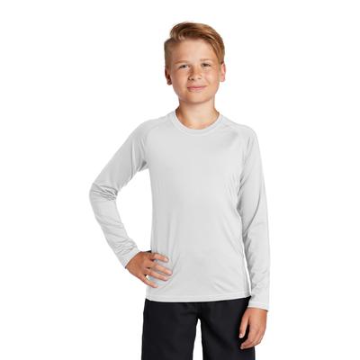 Sport-Tek YST470LS Athletic Youth Long Sleeve Rashguard Top in White size XS | Polyester/Spandex Blend