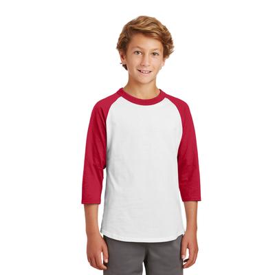 Sport-Tek YT200 Youth Colorblock Raglan Jersey T-Shirt in White/Red size XS | Cotton