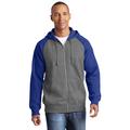 Sport-Tek ST269 Raglan Colorblock Full-Zip Hooded Fleece Jacket in Vintage Heather/True Royal Blue size Large | Polyester Blend