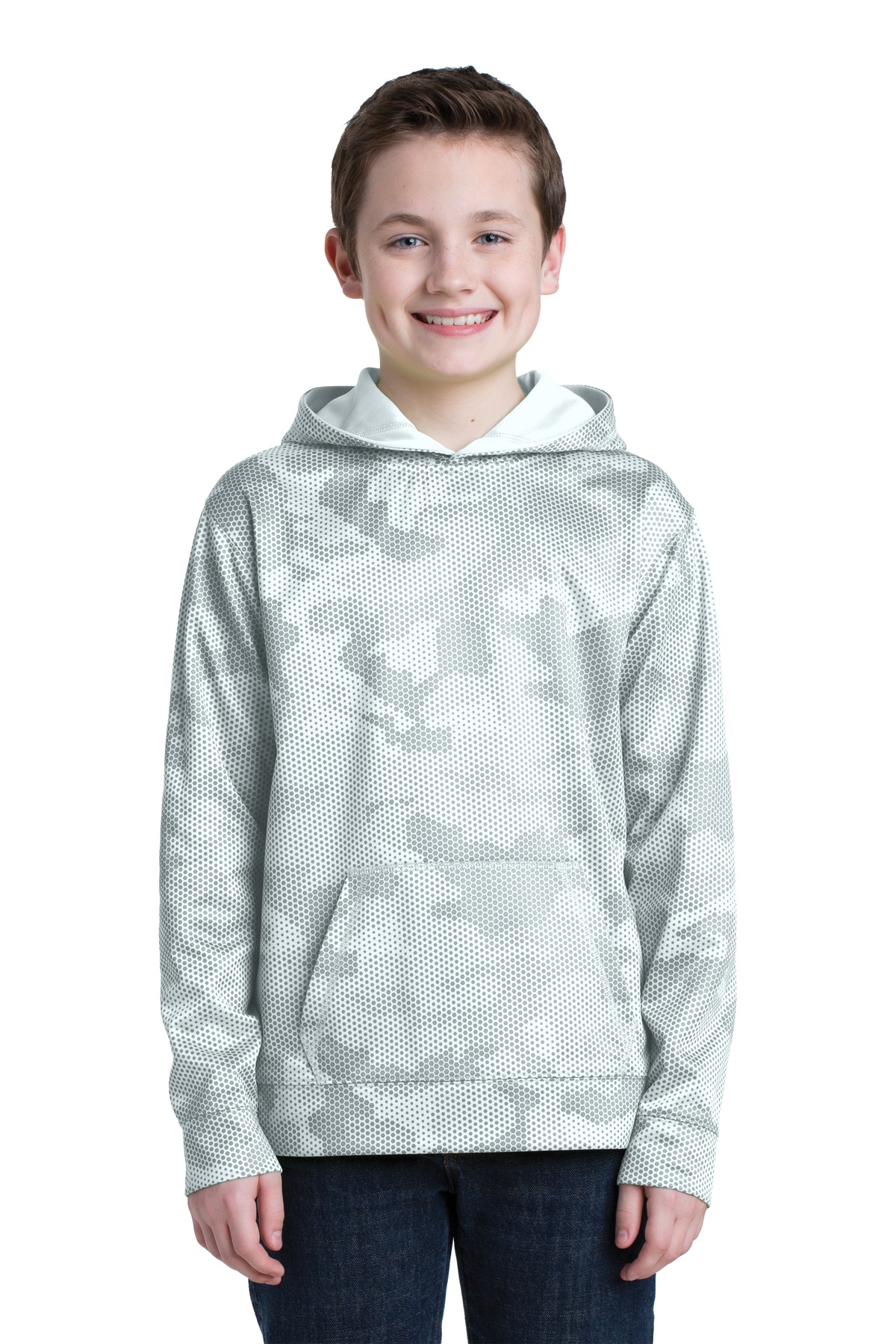 Sport-Tek YST240 Youth Sport-Wick CamoHex Fleece Hooded Pullover T-Shirt in White size XS | Polyester
