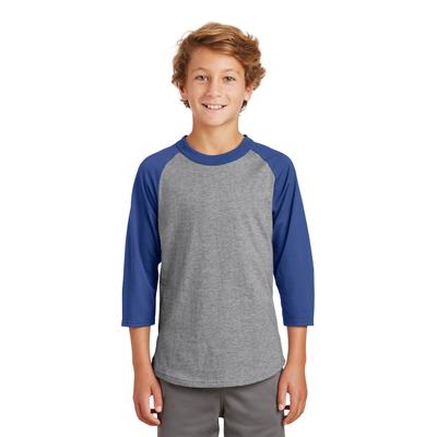 Sport-Tek YT200 Youth Colorblock Raglan Jersey T-Shirt in Heather Gray/Royal size XS | Cotton