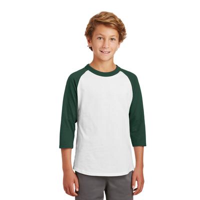 Sport-Tek YT200 Youth Colorblock Raglan Jersey T-Shirt in White/Forest Green size Medium | Cotton