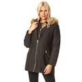 Roman Originals Women Double Zip Faux Fur Trim Parka Coat - Ladies Autumn Winter 51% Cotton Belted Long Textured Warm Cosy Everyday Zip Up Casual Coats with Hood and Pockets - Black - Size 14