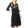 Yumi Damen Black Floral Embroidered Dress with Pleated Skirt and Fluted Sleeve Lssiges Abendkleid, Schwarz, 36