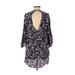 Lush Casual Dress - Mini Plunge 3/4 Sleeve: Blue Floral Dresses - Women's Size X-Small