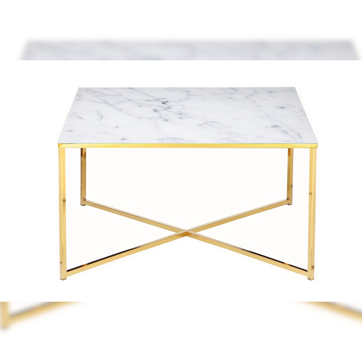 SalesFever Couchtisch quadratisch | Glasplatte foliert in Marmor-Optik | Gestell Metall | B 80 x T 80 x H 45 cm | weiß-gold Image
