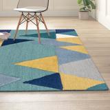 Blue/Gray 72 x 0.39 in Area Rug - Mercury Row® Sandin Geometric Handmade Tufted Wool Teal/Navy/Yellow/Gray Area Rug Wool | 72 W x 0.39 D in | Wayfair