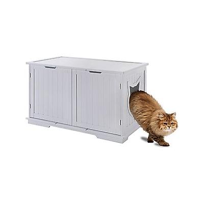 Sweet Barks Wooden Washroom Bench Cat Litter Box Enclosure, White