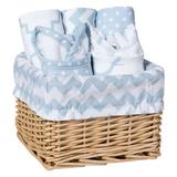 Trend Lab Blue Sky 7 Piece Feeding Gift Basket for Baby Boy or Girl - White & Blue Includes 2 Bibs 3 Burps Basket & Liner