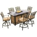 Hanover Traditions 7-Piece Rust-Free Aluminum with Tan Cushions 6 Counter-Height Swivel Chairs and Aluminum Slat Rectangular Fire Pit Table TRAD7PCFPBR