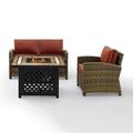 Crosley Furniture Bradenton 3Pc Patio Fabric Fire Pit Sofa Set in Brown/Red