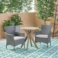 Leila Outdoor 3 Piece Acacia Wood and Wicker Bistro Set with Cushions Gray Gray