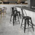 Flash Furniture Commercial Grade 24 High Distressed Black Metal Indoor-Outdoor Counter Height Stool with Back