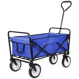 Folding Beach Wagon Cart Collapsible Outdoor Utility Wagon with Drink Holder Heavy Duty Beach Wagon with 8 Rubber Wheels Suit for Shopping Beach Yard Camping Blue 150 Pound Capacity I7459