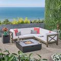 Markus Outdoor 7 Piece Acacia Wood Sectional Sofa Set with Cushions and Fire Pit Gray White Dark Gray