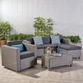 Cascada Outdoor 6 Piece Wicker L-Shaped Sectional Sofa Set with Cushions Mixed Black Dark Grey