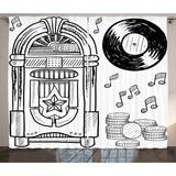Jukebox Curtains 2 Panels Set Doodle Style Retro Music Box Notes Coins Long Play Vintage Sketchy Artwork Window Drapes for Living Room Bedroom 108W X 84L Inches Black and White by Ambesonne