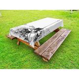 Sketchy Outdoor Tablecloth Bench and Lantern in the Middle of Ocean Waves Mountains Rocks Artistic Monochrome Decorative Washable Fabric Picnic Tablecloth 58 X 104 Inches Black White by Ambesonne