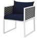 Contemporary Modern Urban Designer Outdoor Patio Balcony Garden Furniture Side Dining Armchair Chair Fabric Metal Aluminum Steel Navy Blue White