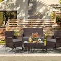 Lacoo 4 Pieces Outdoor Brown PE Rattan Wicker Table and Chairs Set Balcony Tempered Glass Gray