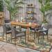 Mike Outdoor 7 Piece Acacia Wood Dining Set with Stacking Wicker Chairs Teak Multi Brown