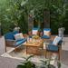 Alvin Outdoor 5 Piece Acacia Wood Conversation Set with Coffee Table and Cushions Brown Patina Dark Teal