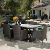 Noble House Olivia Outdoor 7 Piece Lightweight Concrete Dining Set Brown Black and Beige
