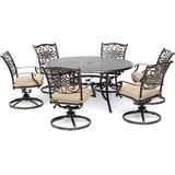 Hanover Traditions 7-Piece Rust-Free Aluminum Outdoor Patio Dining Set with Tan Cushions 6 Swivel Rockers and Aluminum Round Dining Table TRADDN7PCSWRD6