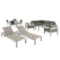 Gannon Outdoor 13 Piece Anodized Aluminum Estate Collection with Tempered Glass Dining Table Top Silver Gray Khaki