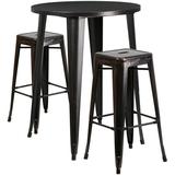 Flash Furniture Boyd Commercial Grade 30 Round Black-Antique Gold Metal Indoor-Outdoor Bar Table Set with 2 Square Seat Backless Stools