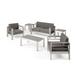 GDF Studio Crested Bay Outdoor Aluminum 4 Seater Chat Set and Side Table Set with Cushions Silver and Khaki