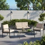 BELLEZE 4PC Outdoor Patio Set Furniture UV Resistant Lounge Cushions Wicker Love Seat Glass Coffee Table Chair Brown