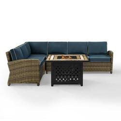 Bradenton 5Pc Outdoor Wicker Sectional Set W/Fire Table Weathered Brown/Navy - Right Corner Loveseat Left Corner Loveseat Corner Chair Center Chair & Tucson Fire Table