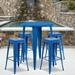 Emma + Oliver Commercial 30 Round Blue Metal Bar Table Set-4 Square Seat Backless Stools