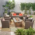 Antonio Outdoor 7 Piece Wicker Print Chat Set with Wood Finished Fire Pit and Tank Holder Brown Mixed Biege Brown Black