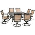 Hanover Fontana 9-Piece Outdoor Dining Set with 8 Sling Swivel Rockers and a 60-In. Square Cast-Top Table