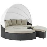 Pemberly Row Outdoor Patio Sectional Daybed Set with Canopy and 4 Thick Cushion in Antique Canvas Beige