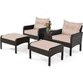 Patiojoy 5-Piece Patio Rattan Conversation Set Beige Cushioned Sofas and Ottoman Set with Table